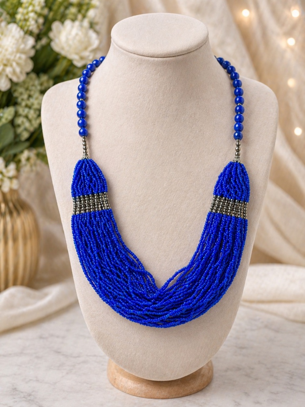 Handcrafted Cobalt Blue Multi-Strand Beaded Necklace